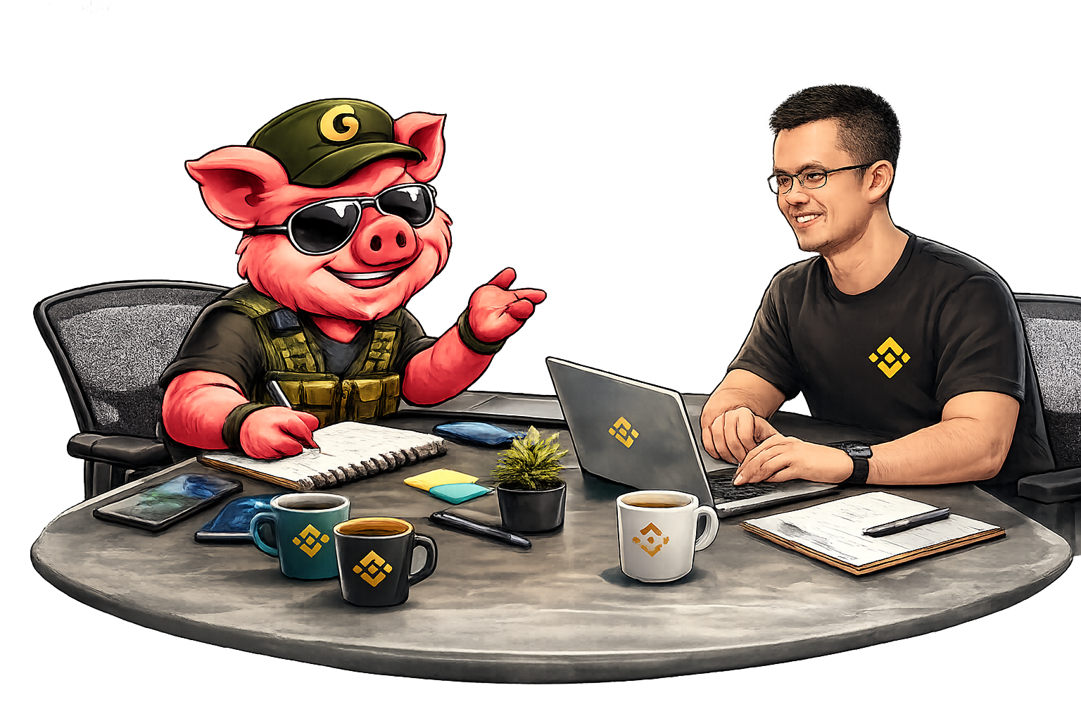 General GunoPig collaborating at a table with a Binance representative, surrounded by Binance-branded mugs and a laptop